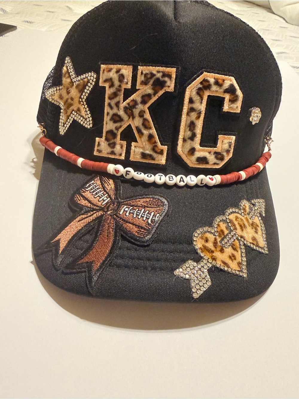 Black Leopard Accent Baseball Cap with Bead 'Football' Band